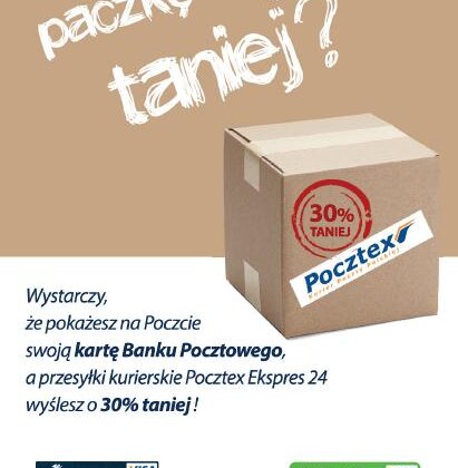 Tańsze paczki z Bankiem Pocztowym do końca roku transport, ekonomia/biznes/finanse - Trwa przedświąteczna promocja Banku i pocztowego kuriera – firmy Pocztex - tylko do końca 2013 roku dzięki dowolnej karcie Banku Pocztowego można skorzystać z 30% rabatu przy Pocztex Ekspres 24. Oznacza to nawet 25 zł oszczędności na przesyłce kurierskiej.